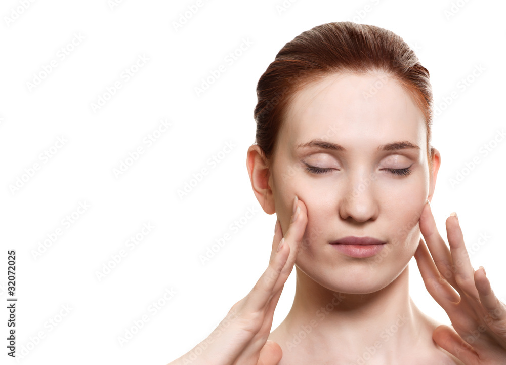 portrait of young beautiful woman on white background