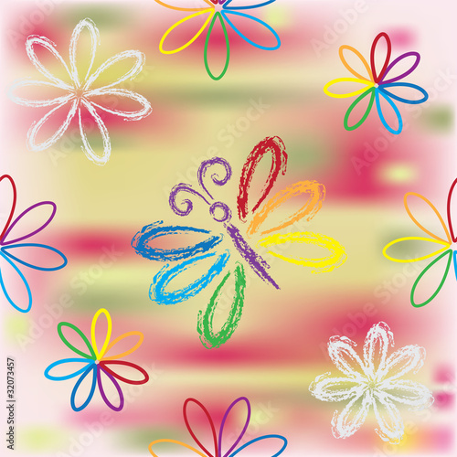 Seamless pattern with floral rainbow composition and butterfly