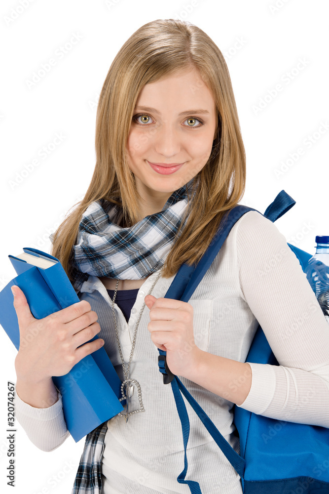 Student teenager woman with schoolbag hold books Student teenager woman with schoolbag hold books