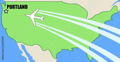 Portland, Oregon - air travel map with passenger aircraft