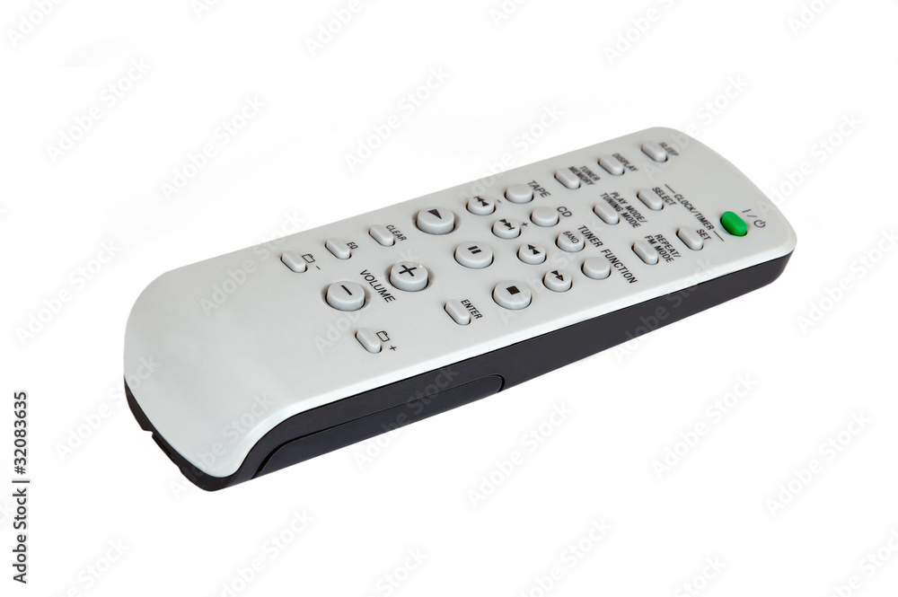 Remote control for audio system on white background Remote control for audio system on white background