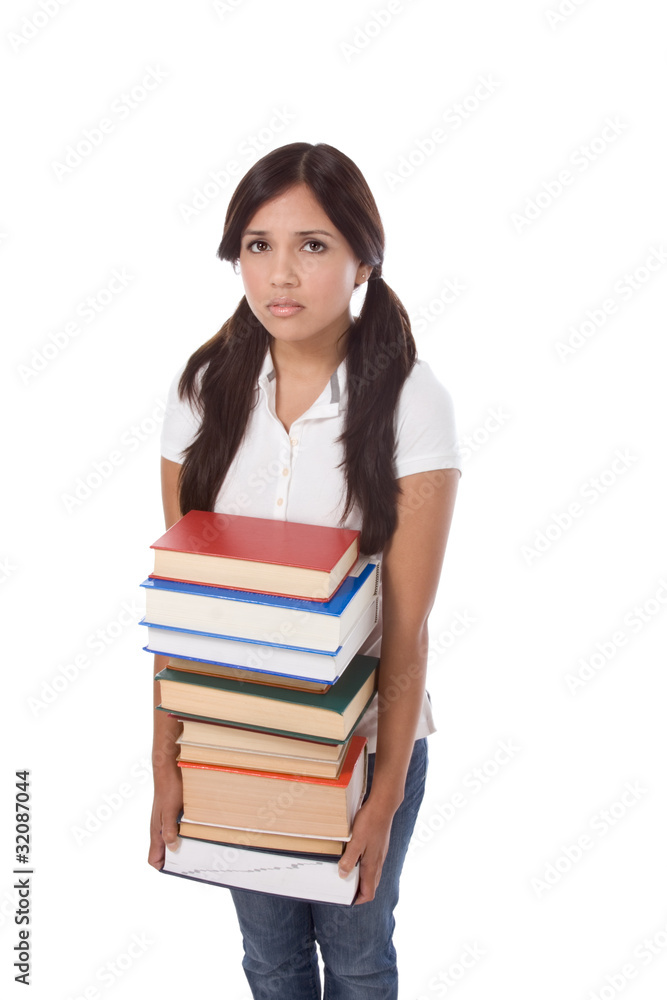 High school schoolgirl student with stack books High school schoolgirl student with stack books