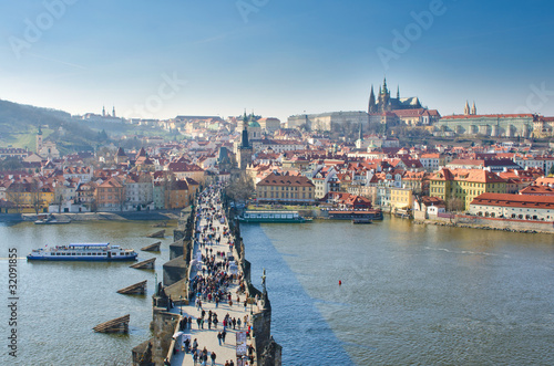 Vltava river, Charles bridge and Prague Castle view, Prague