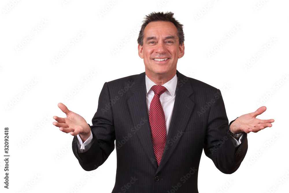 Attractive Smiling Business Man in Suit with Open Hands Attractive Smiling Business Man in Suit with Open Hands
