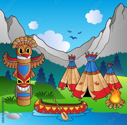 Indian village with totem and canoe