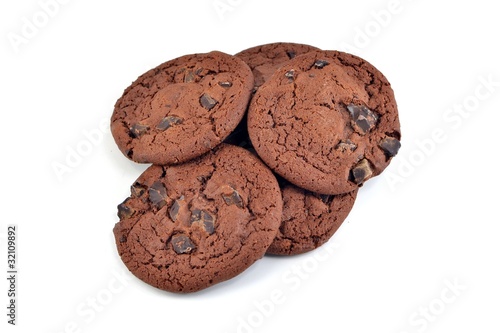 A pile of chocolate chip cookies on a white background