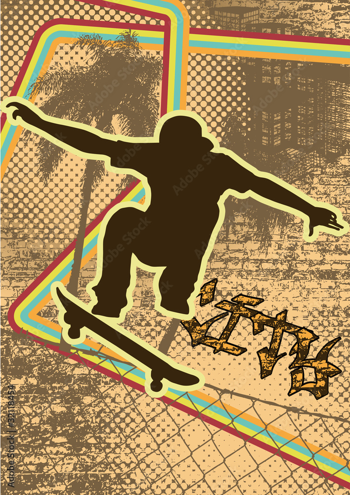 Obraz premium Vintage urban background design with skateboarder silhouette