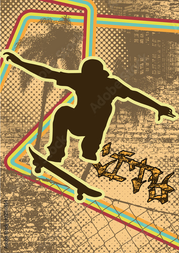 Vintage urban background design with skateboarder silhouette