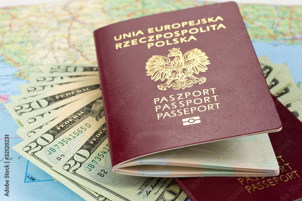 Passports and money over map background Passports and money over map background