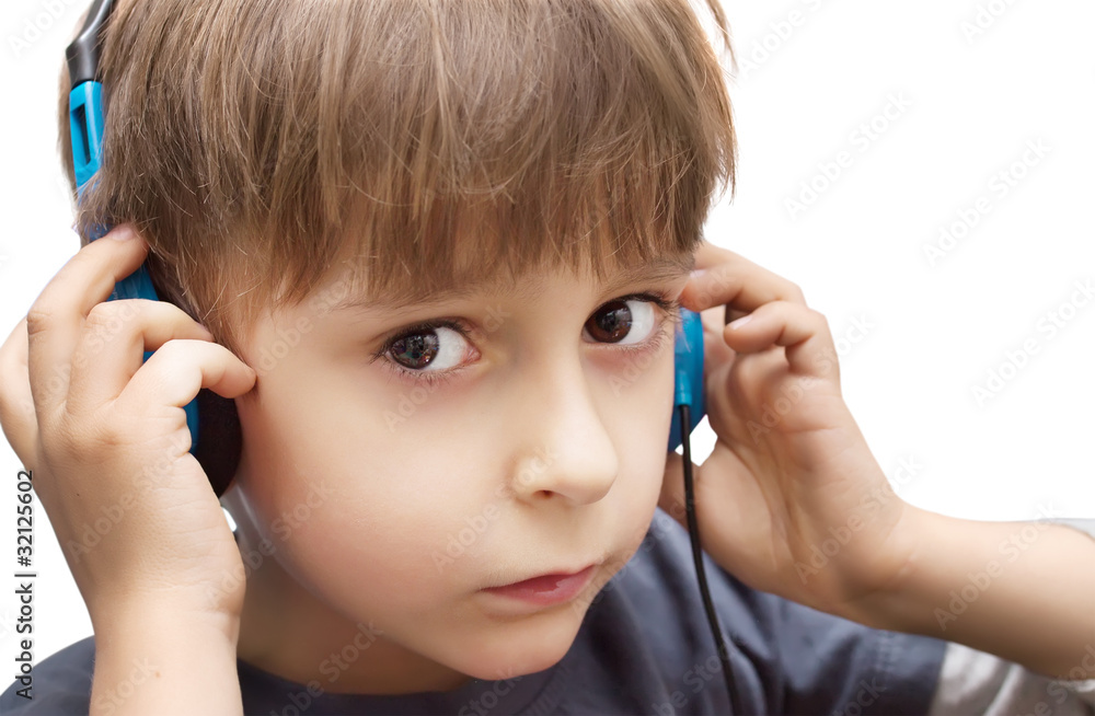 portrait of a boy with headphones isolated on white background portrait of a boy with headphones isolated on white background