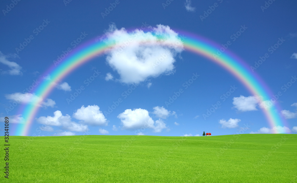 Green grass and red roof house and rainbow Green grass and red roof house and rainbow