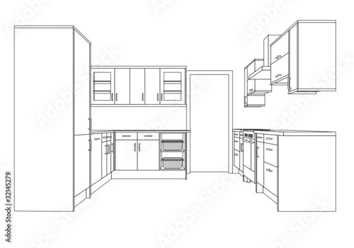 A 3d Single Point Perspective Line Drawing of a Fitted Kitchen