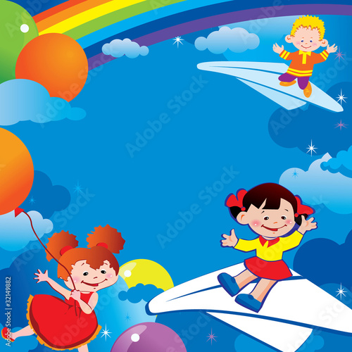 Children flying on balloons and on paper planes.