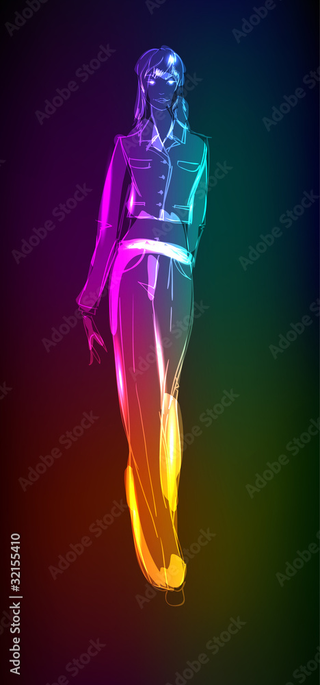 Hand-drawn fashion model from a neon. Vector illustration. A lig Hand-drawn fashion model from a neon. Vector illustration. A lig