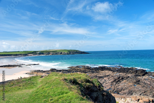 The Beautiful Beach of Harlyn Bay under a blue summer sky