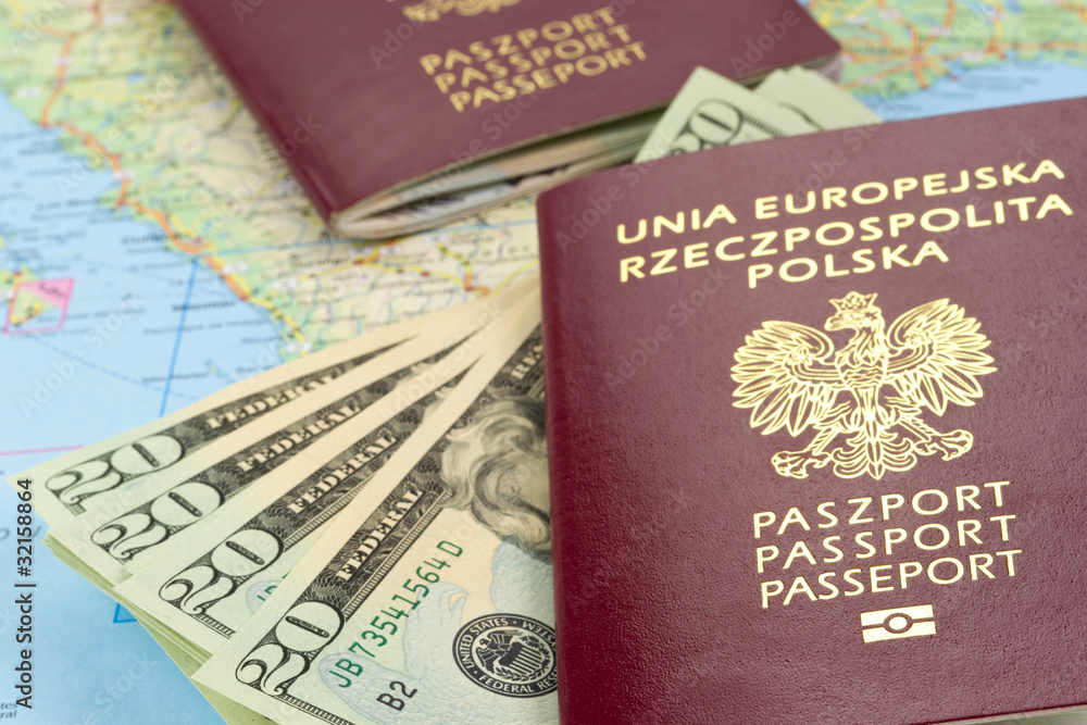 Passports and money over map background Passports and money over map background