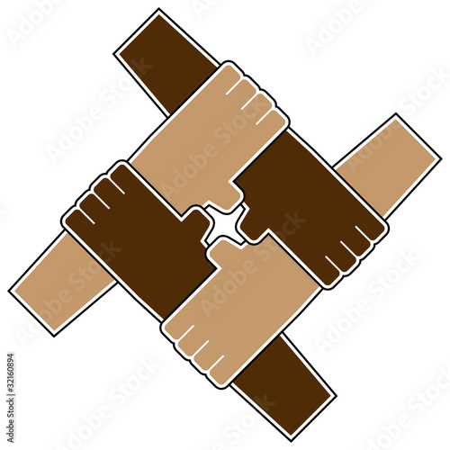 Принти на полотні Four hands teamwork symbol isolated over white