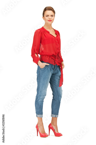 lovely woman in red blouse and jeans