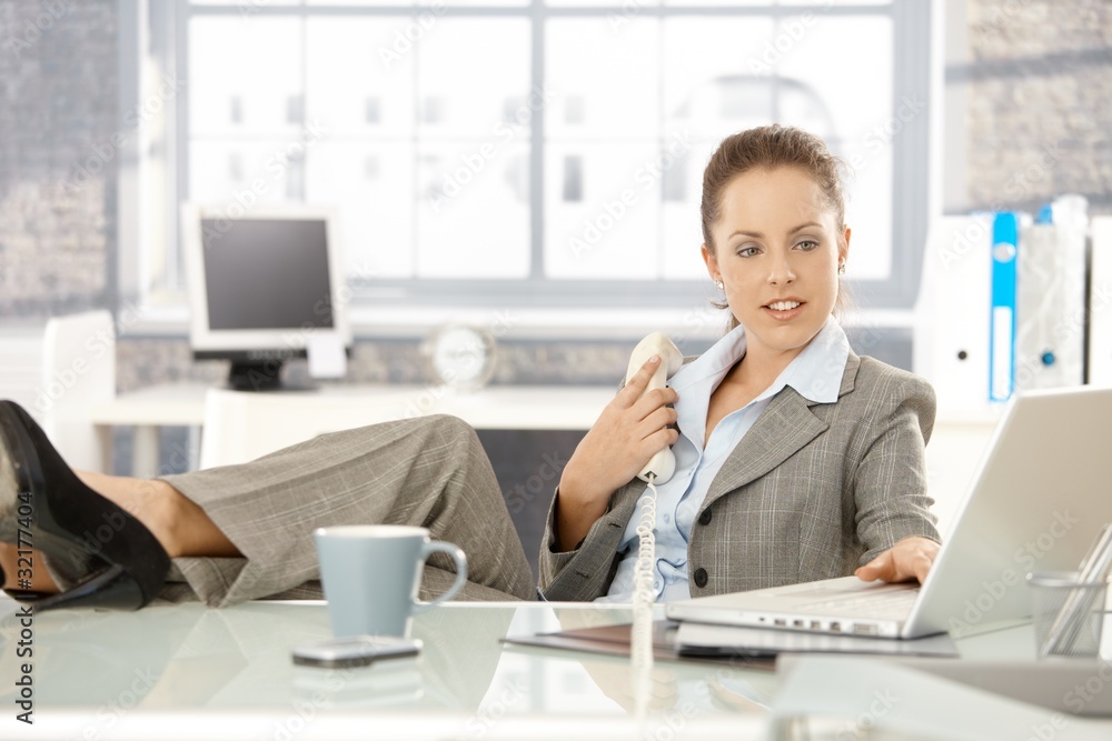 Attractive businesswoman using laptop in office Attractive businesswoman using laptop in office