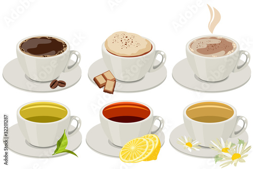 Set of cups with hot drinks. No gradients,no meshes