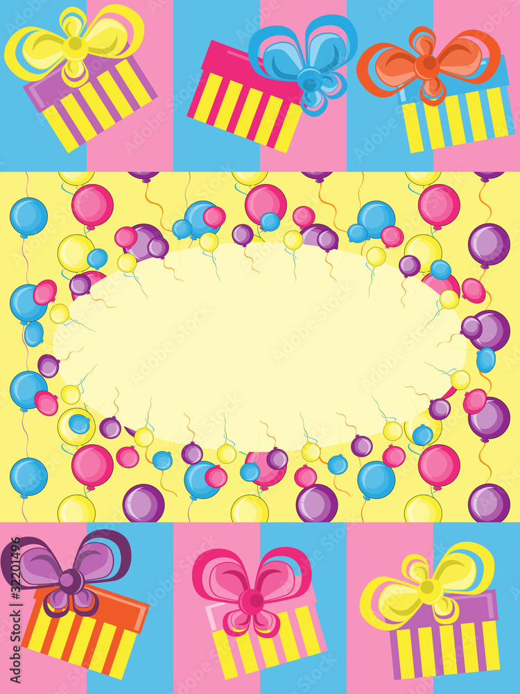 Greeting card with gifts and balloons