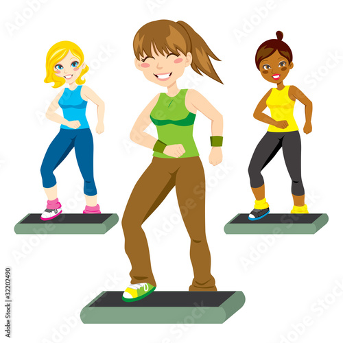 Three active women exercising aerobic steps photo