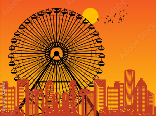 Silhouette of a Ferris Wheel at sunset, vector illustration