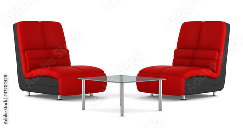 two black and red modern leather armchairs with table isolated