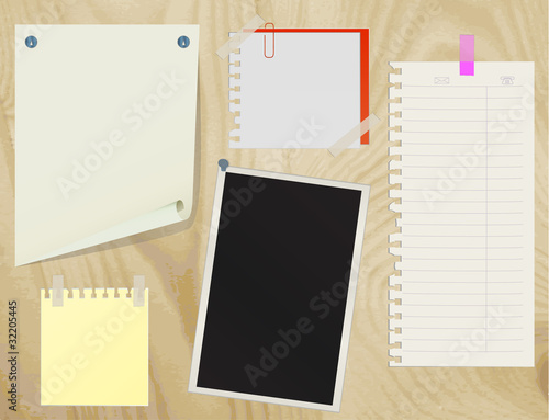 Collection of various note papers on an old wooden board. eps10