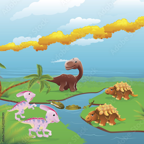 Cartoon dinosaurs scene.