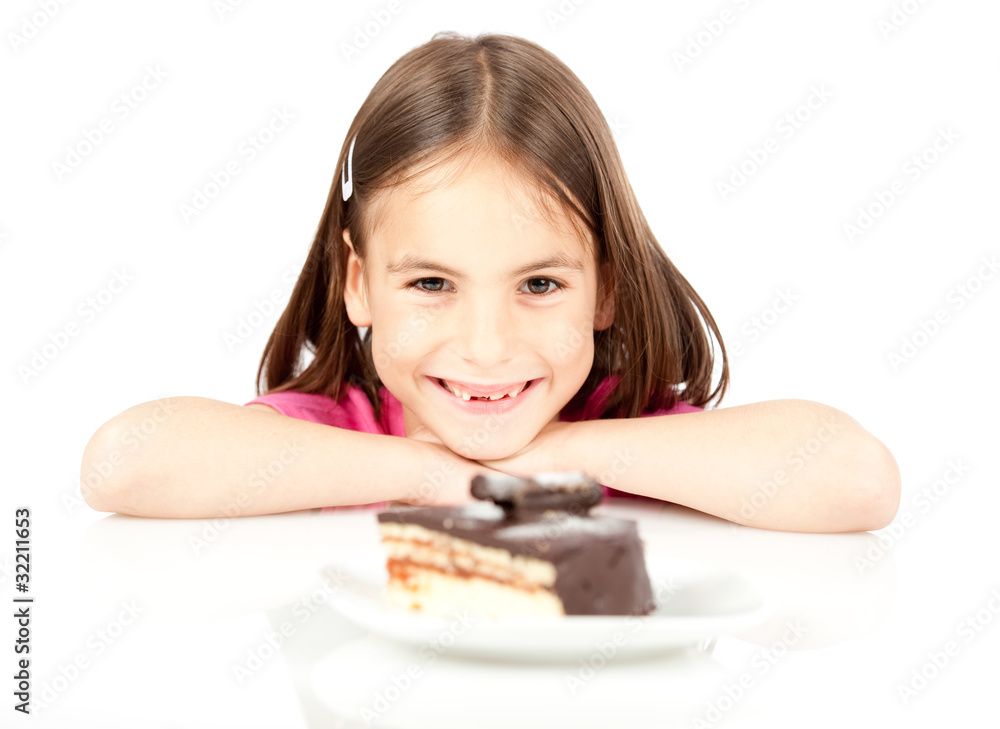 little girl with chocolate cake isolated on white background little girl with chocolate cake isolated on white background