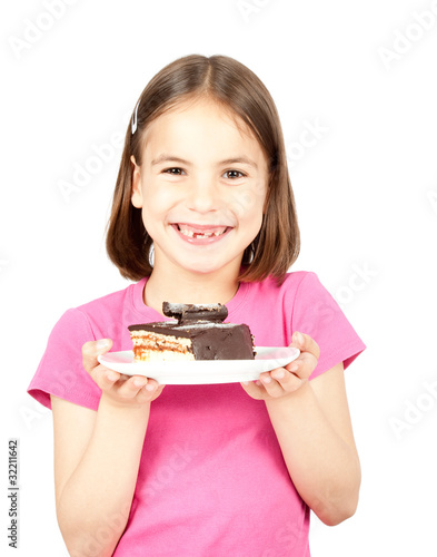 little girl with chocolate cake isolated on white background