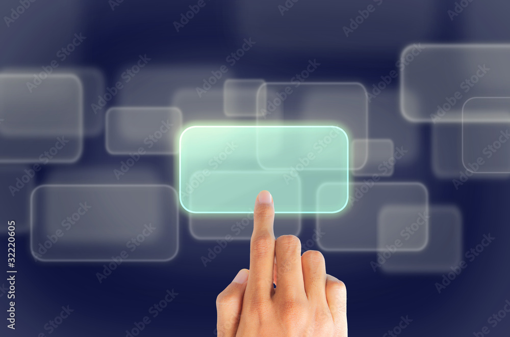 hand pushing a button on a touch screen hand pushing a button on a touch screen