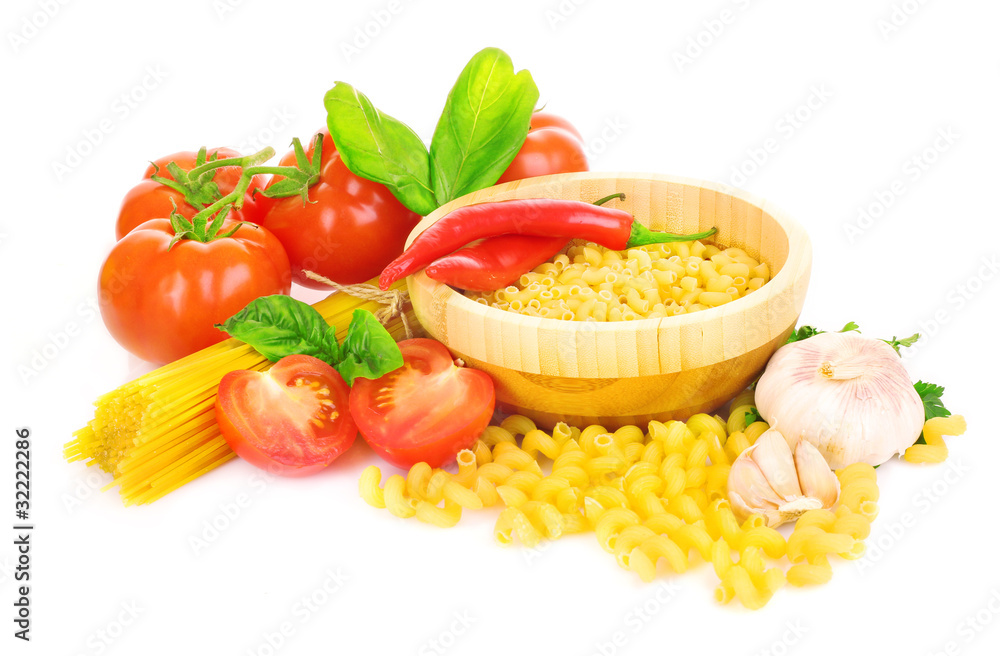 Pasta spaghetti with tomatoes, olive oil and basil on a white ba Pasta spaghetti with tomatoes, olive oil and basil on a white ba