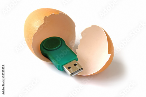 Usb stick or flash drive showing in egg on white background photo