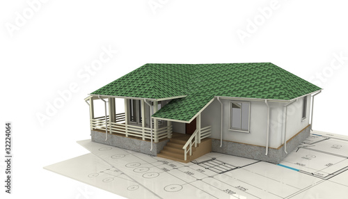 drawing of the house and its 3D model on a white background