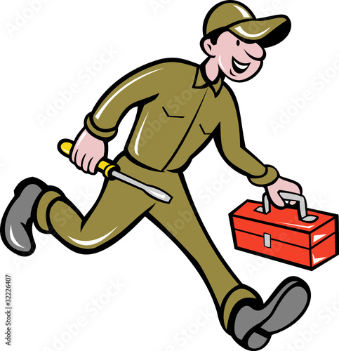 mechanic with screwdriver and toolbox running