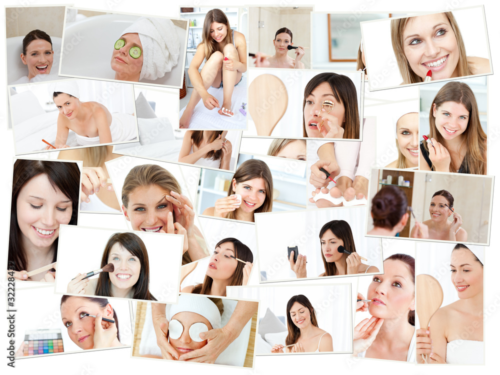 Collage of cute women doing their makeup Collage of cute women doing their makeup