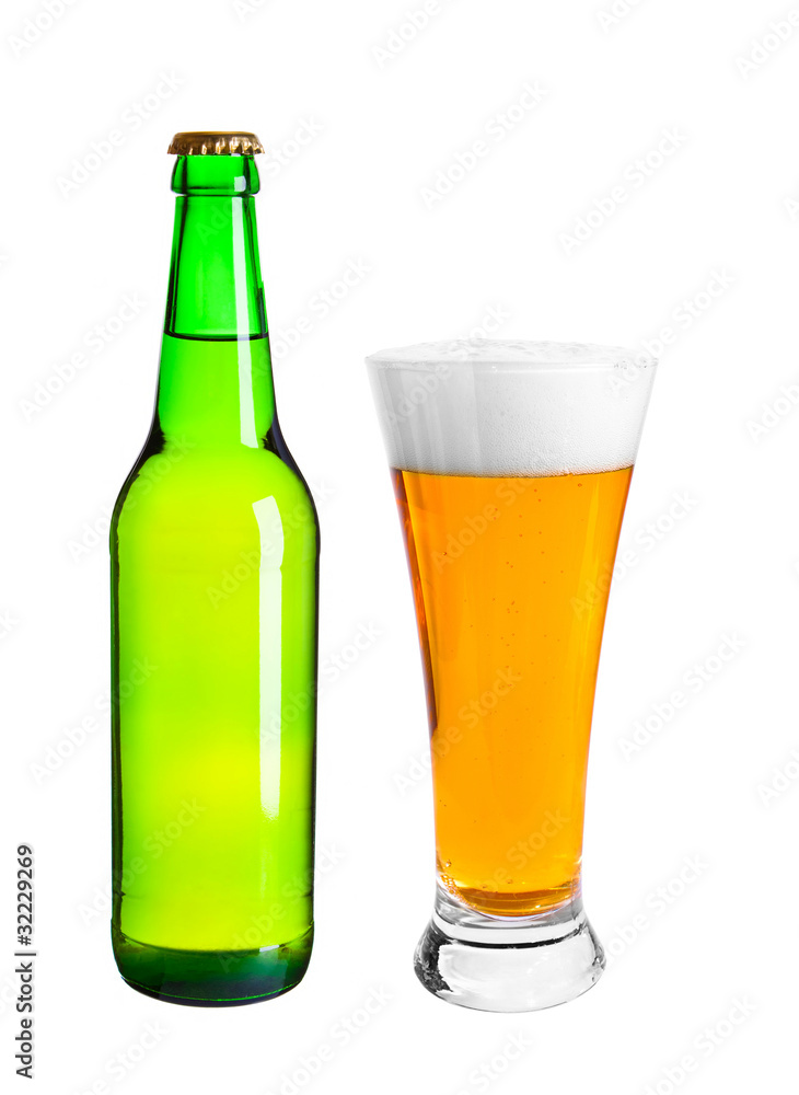 Bottle and glass with lager beer isolated on white background