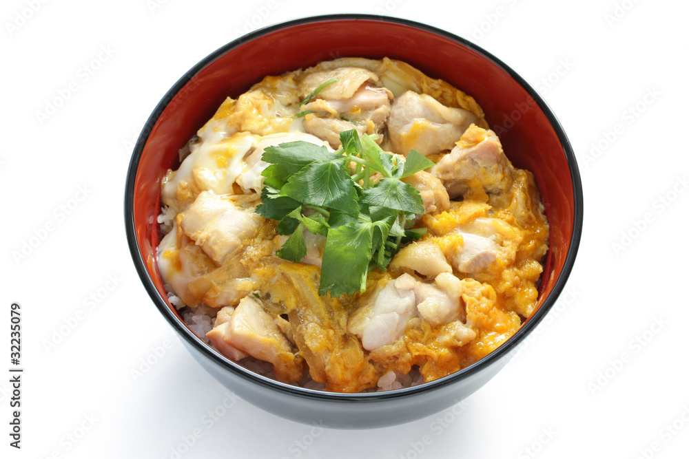 oyakodon , a bowl of rice with chicken and eggs , japanese dish