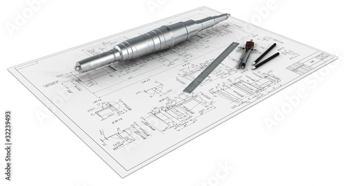 Foto metal shaft, compasses, rulers, pencils and engineering drawing