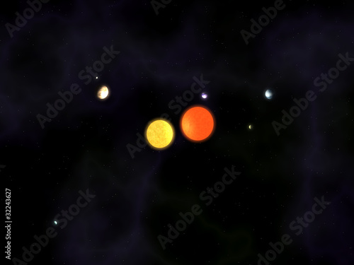 Solar system with a binary star and five planets in space