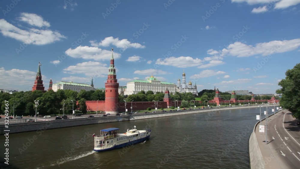 Kremlin from Moscow river front view, steam-ship passing by Kremlin from Moscow river front view, steam-ship passing by