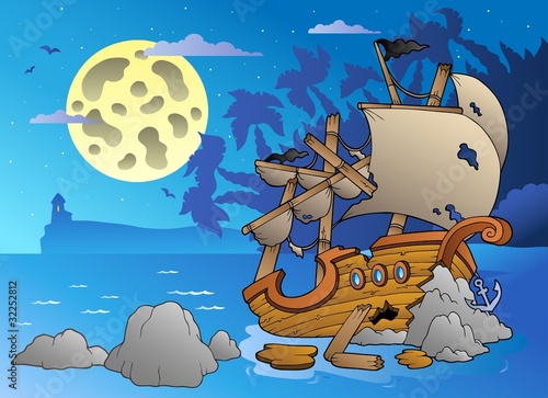 Night seascape with shipwreck