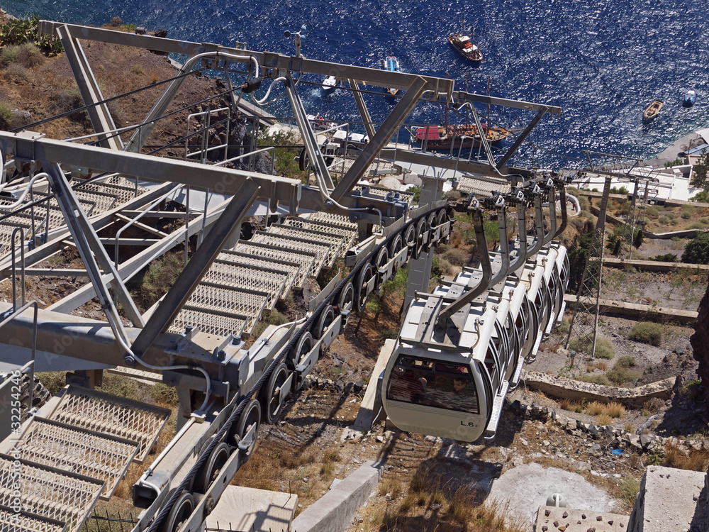 Fototapeta premium Fira Cable Car Transport, Santorini, Greece
