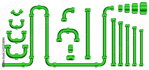 set of green pvc pipe line and screw isolated on white