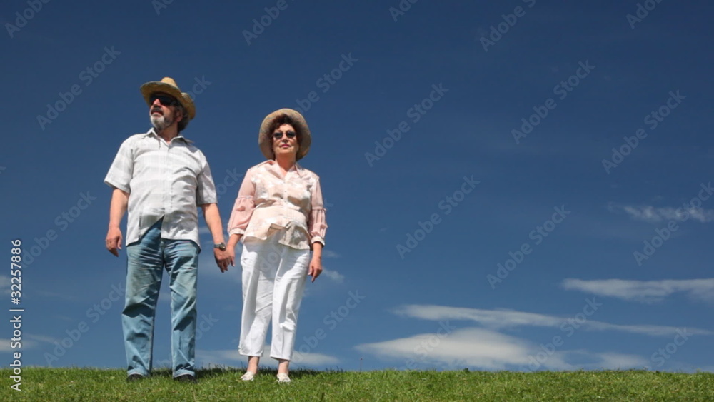 mature couple stands on grass against sky mature couple stands on grass against sky
