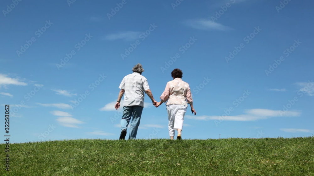 mature couple holding hands leaves over green grass against sky mature couple holding hands leaves over green grass against sky