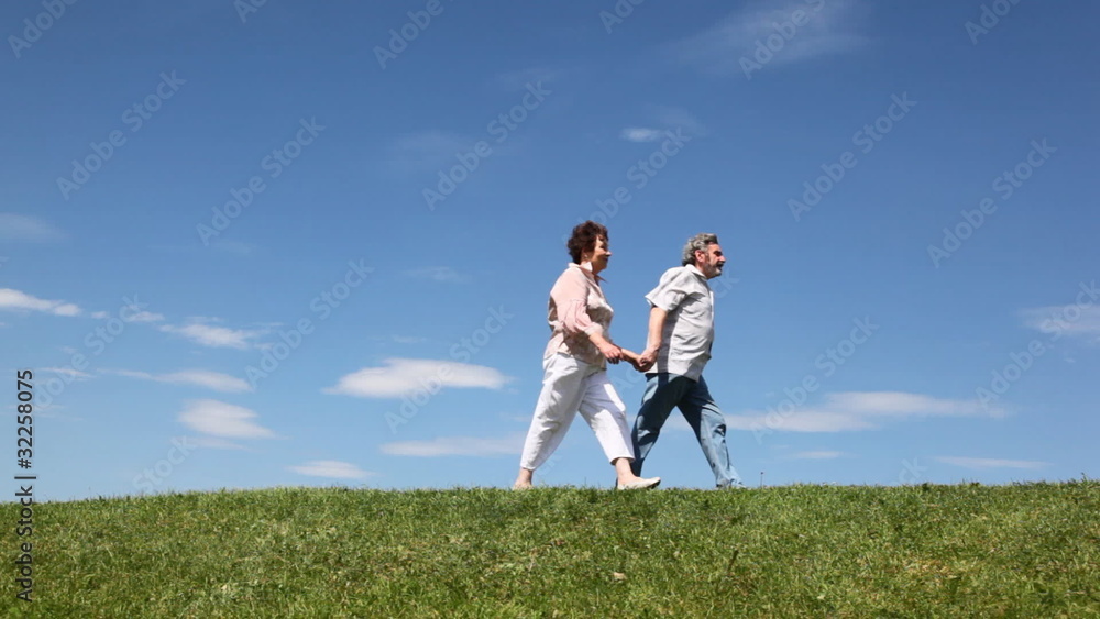 mature couple leaves hand in hands through grassy hill mature couple leaves hand in hands through grassy hill