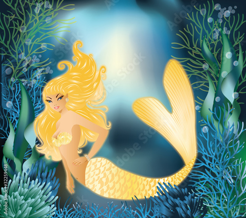 Pretty Gold Mermaid with underwater background, vector #32259448